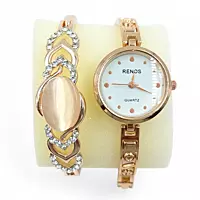 White Renos Rose Gold Women’s Watch & Crystal Bracelet Gift Set