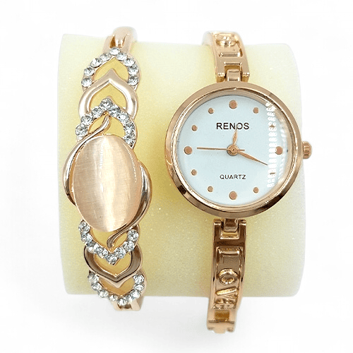 White Renos Rose Gold Women’s Watch & Crystal Bracelet Gift Set