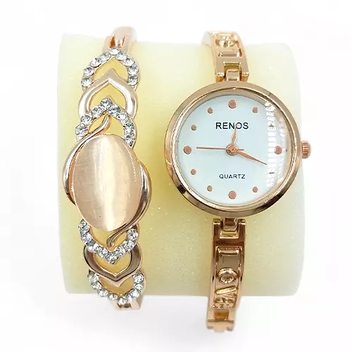 White Renos Rose Gold Women’s Watch & Crystal Bracelet Gift Set