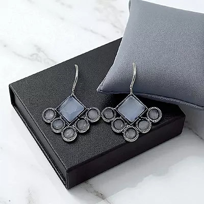 Geometric Gray Gemstone Earrings - Silver-Toned Drop Earrings