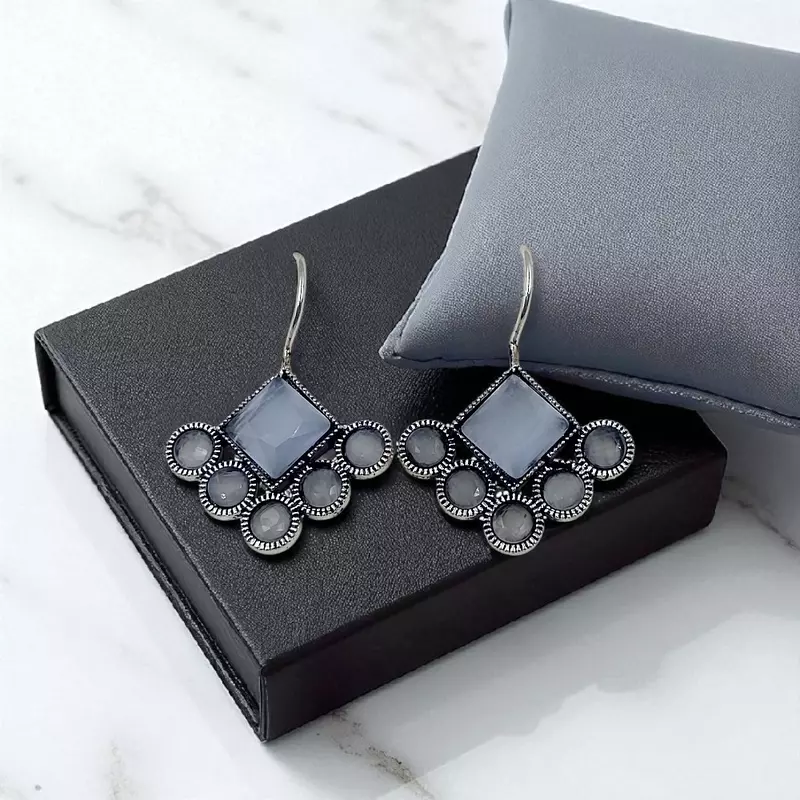 Geometric Gray Gemstone Earrings - Silver-Toned Drop Earrings