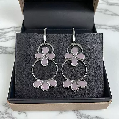 Lavender Floral Hoop Earrings - Silver-Toned Statement Dangle Earrings