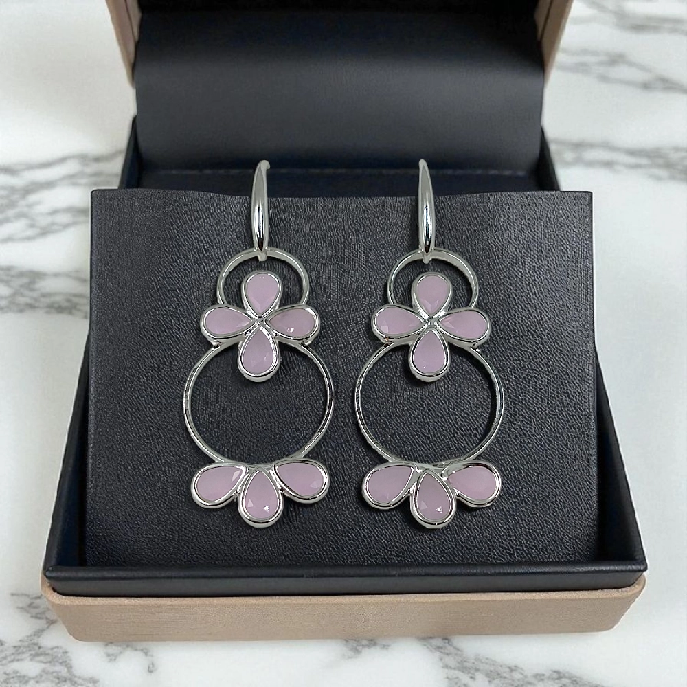 Lavender Floral Hoop Earrings - Silver-Toned Statement Dangle Earrings