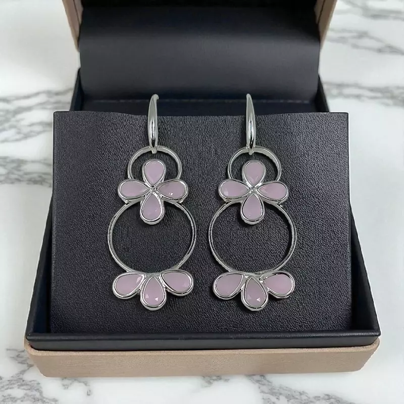 Lavender Floral Hoop Earrings - Silver-Toned Statement Dangle Earrings