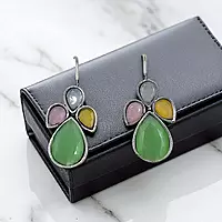 Green Stone German Silver Dangle Drop Earrings