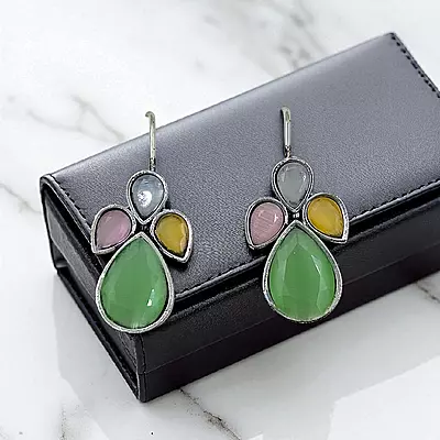Green Stone German Silver Dangle Drop Earrings