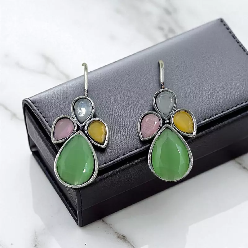 Green Stone German Silver Dangle Drop Earrings