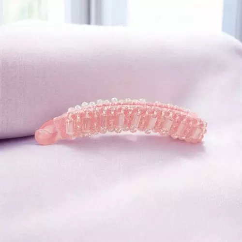Elegant Pink Beaded Flexible Banana Hair Clip - Stylish Ponytail Holder