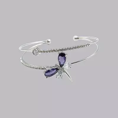 Elegant Purple Dragonfly Gold-Plated Double Cuff Bracelet with Zircon Stones