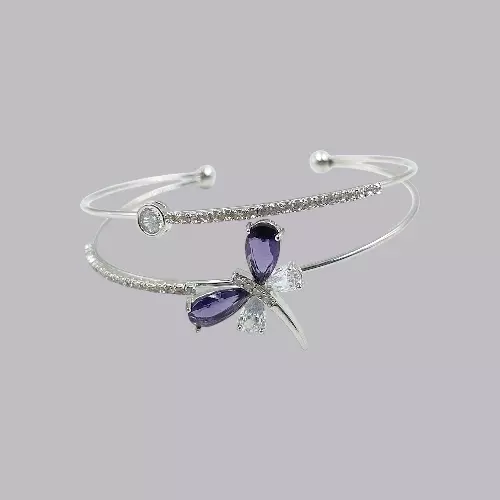 Elegant Purple Dragonfly Gold-Plated Double Cuff Bracelet with Zircon Stones