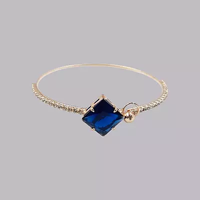 Blue Square Stone & Diamond Studded Gold-Toned Bangle Bracelet | Adjustable Fashion Jewelry