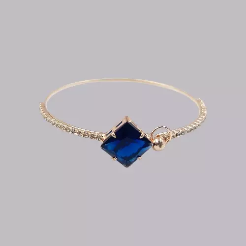 Blue Square Stone & Diamond Studded Gold-Toned Bangle Bracelet | Adjustable Fashion Jewelry