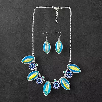 Protective Evil Eye Pendant Teal Necklace - Dichroic Glass Good Luck Charm