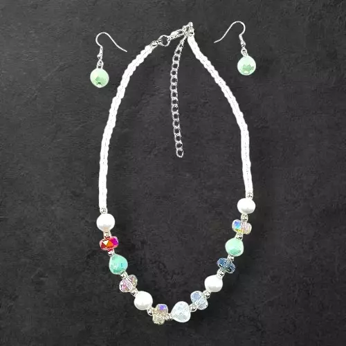 Pastel Mint Green Bead & Pearl Necklace and Earring Set | Elegant Fashion Jewelry