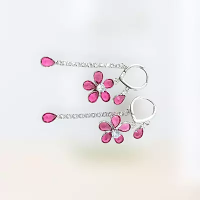 Pink Diamond Flower Drop Earrings - Long Dangle Statement Jewelry