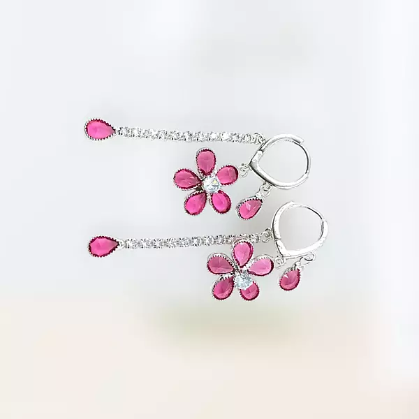 Pink Diamond Flower Drop Earrings - Long Dangle Statement Jewelry