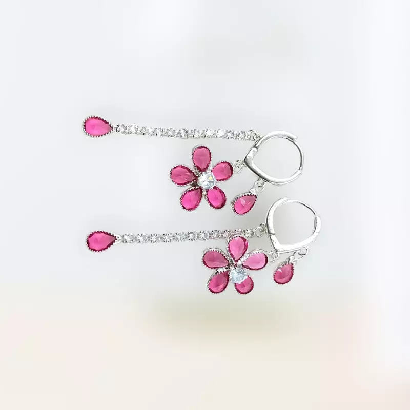 Pink Diamond Flower Drop Earrings - Long Dangle Statement Jewelry