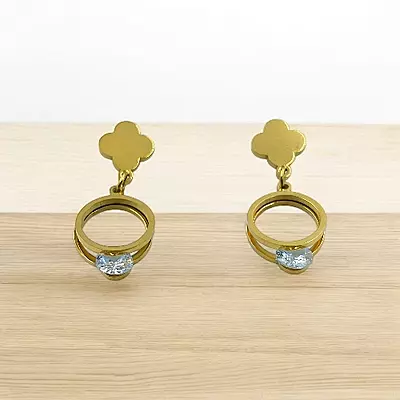 Modern Gold Stainless Steel Anti Tarnish Clover Dangle Earrings with Sparkling Gem