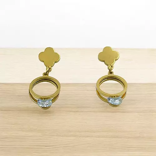 Modern Gold Stainless Steel Anti Tarnish Clover Dangle Earrings with Sparkling Gem