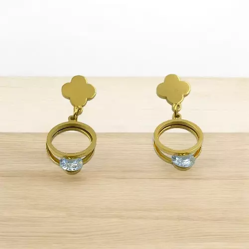 Modern Gold Stainless Steel Anti Tarnish Clover Dangle Earrings with Sparkling Gem