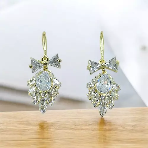 Elegant CZ Bow Dangle Earrings | Crystal Pear-Cut Hook Drops