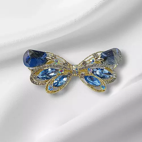 Gold Blue Crystal Butterfly Hair Barrette Clip