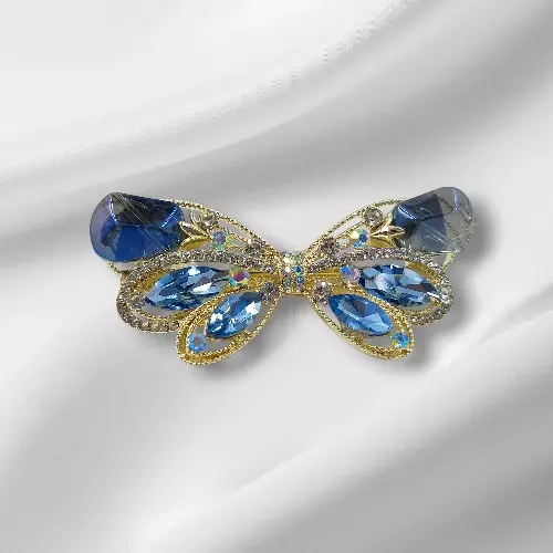 Gold Blue Crystal Butterfly Hair Barrette Clip