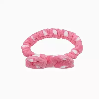 Baby Pink Plush Polka Dot Spa Headband | Soft Makeup & Skincare Band