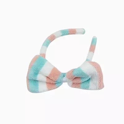 Green Striped Plush Bow Headband - Soft Spa Hair Band