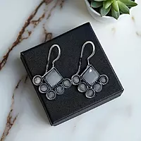 Geometric Gray Gemstone Earrings - Silver-Toned Drop Earrings