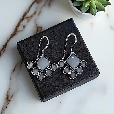 Geometric Gray Gemstone Earrings - Silver-Toned Drop Earrings