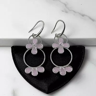 Lavender Floral Hoop Earrings - Silver-Toned Statement Dangle Earrings