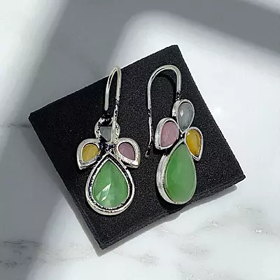 Green Stone German Silver Dangle Drop Earrings