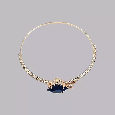 Blue Square Stone & Diamond Studded Gold-Toned Bangle Bracelet | Adjustable Fashion Jewelry