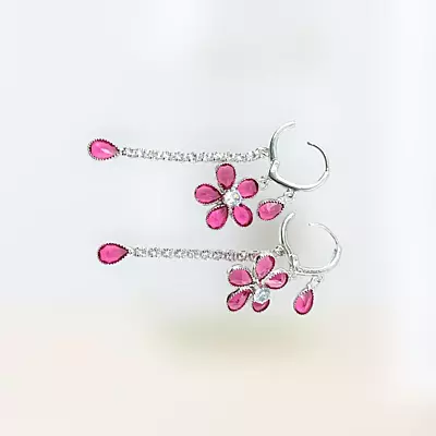 Pink Diamond Flower Drop Earrings - Long Dangle Statement Jewelry