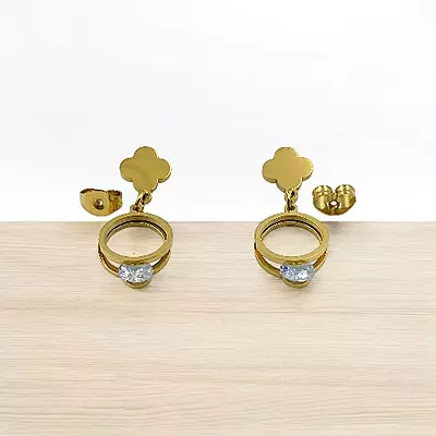 Modern Gold Stainless Steel Anti Tarnish Clover Dangle Earrings with Sparkling Gem