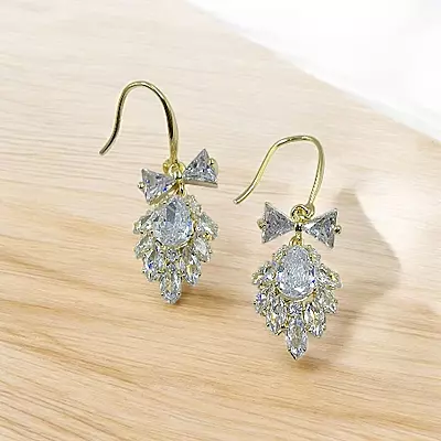 Elegant CZ Bow Dangle Earrings | Crystal Pear-Cut Hook Drops