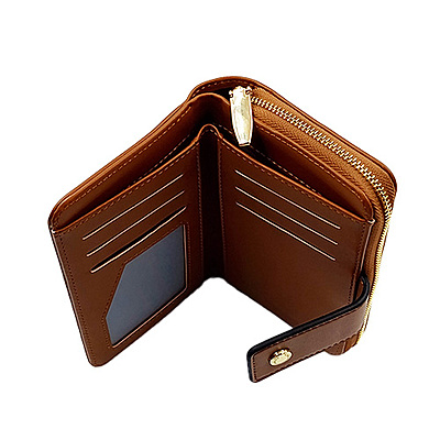 Women's Tan Faux Leather Bi-Fold Wallet with Zip Pocket