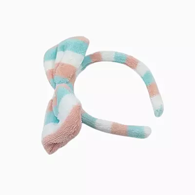 Green Striped Plush Bow Headband - Soft Spa Hair Band