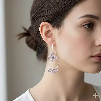 Lavender Floral Hoop Earrings - Silver-Toned Statement Dangle Earrings