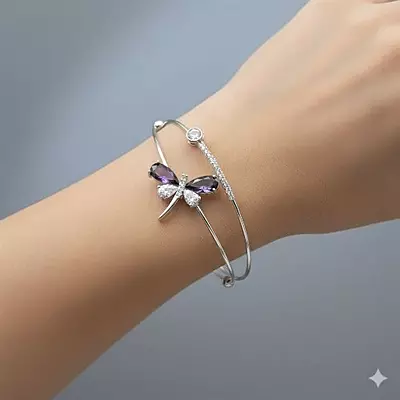 Elegant Purple Dragonfly Gold-Plated Double Cuff Bracelet with Zircon Stones