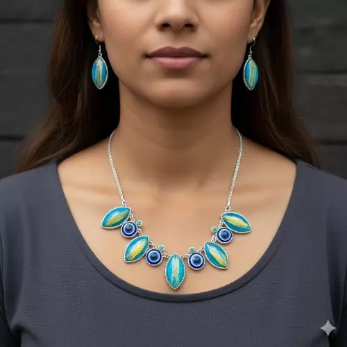 Protective Evil Eye Pendant Teal Necklace - Dichroic Glass Good Luck Charm