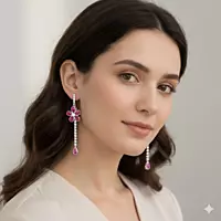 Pink Diamond Flower Drop Earrings - Long Dangle Statement Jewelry