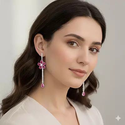 Pink Diamond Flower Drop Earrings - Long Dangle Statement Jewelry