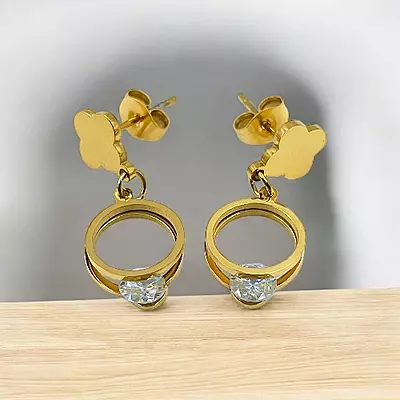 Modern Gold Stainless Steel Anti Tarnish Clover Dangle Earrings with Sparkling Gem