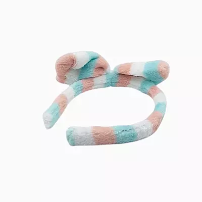 Green Striped Plush Bow Headband - Soft Spa Hair Band
