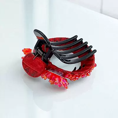 Chic Stripe Hair Claw Clip with Beaded Embellishments
