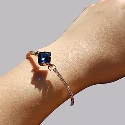 Blue Square Stone & Diamond Studded Gold-Toned Bangle Bracelet | Adjustable Fashion Jewelry