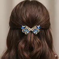 Gold Blue Crystal Butterfly Hair Barrette Clip