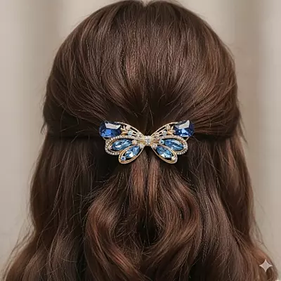 Gold Blue Crystal Butterfly Hair Barrette Clip